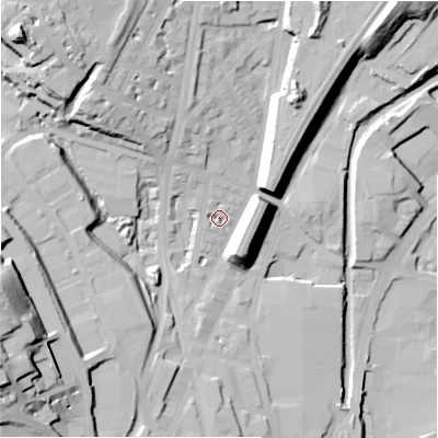 Shaded relief map of the ground around HD16JL, computed from Environment Agency LiDAR. The ground here sits at about 71 m above sea level and falls 43 m across the surrounding 800 m. Surface water reaching this point runs off ground lying to the west-north-west, 2.3 m higher.