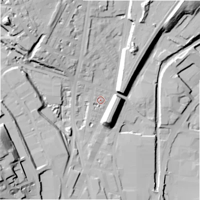 Shaded relief map of the ground around HD16JN, computed from Environment Agency LiDAR. The ground here sits at about 70 m above sea level and falls 42 m across the surrounding 800 m. Surface water reaching this point runs off ground lying to the north-west, 2.9 m higher.