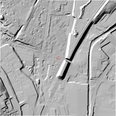 Shaded relief map of the ground around HD16JP, computed from Environment Agency LiDAR. The ground here sits at about 70 m above sea level and falls 41 m across the surrounding 800 m. Surface water reaching this point runs off ground lying to the north-north-west, 8.3 m higher.