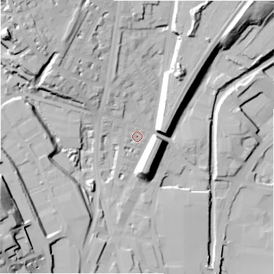 Shaded relief map of the ground around HD16JW, computed from Environment Agency LiDAR. The ground here sits at about 70 m above sea level and falls 41 m across the surrounding 800 m. Surface water reaching this point runs off ground lying to the north-west, 4.9 m higher.