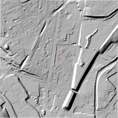 Shaded relief map of the ground around HD16JY, computed from Environment Agency LiDAR. The ground here sits at about 75 m above sea level and falls 43 m across the surrounding 800 m. Surface water reaching this point runs off ground lying to the north-north-west, 3.7 m higher.