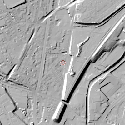 Shaded relief map of the ground around HD16LD, computed from Environment Agency LiDAR. The ground here sits at about 73 m above sea level and falls 37 m across the surrounding 800 m. Surface water reaching this point runs off ground lying to the west-north-west, 4.8 m higher.