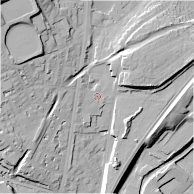 Shaded relief map of the ground around HD16LF, computed from Environment Agency LiDAR. The ground here sits at about 78 m above sea level and falls 47 m across the surrounding 800 m. Surface water reaching this point runs off ground lying to the north-west, 25.6 m higher.