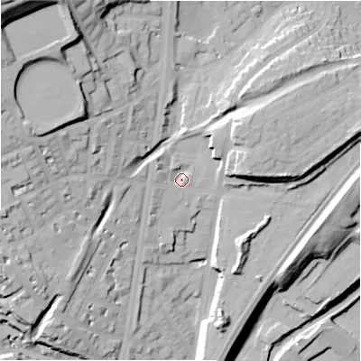 Shaded relief map of the ground around HD16LG, computed from Environment Agency LiDAR. The ground here sits at about 77 m above sea level and falls 55 m across the surrounding 800 m. Surface water reaching this point runs off ground lying to the north-west, 39.2 m higher.