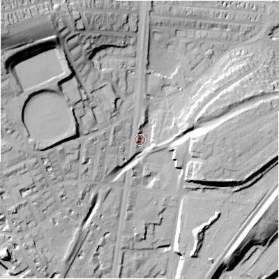 Shaded relief map of the ground around HD16LQ, computed from Environment Agency LiDAR. The ground here sits at about 79 m above sea level and falls 61 m across the surrounding 800 m. Surface water reaching this point runs off ground lying to the north-west, 43.5 m higher.