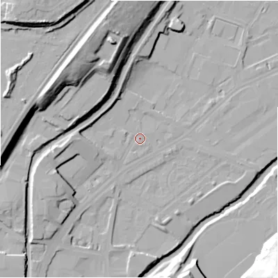 Shaded relief map of the ground around HD16NY, computed from Environment Agency LiDAR. The ground here sits at about 60 m above sea level and falls 35 m across the surrounding 800 m. Surface water reaching this point runs off ground lying to the west, 7.5 m higher.