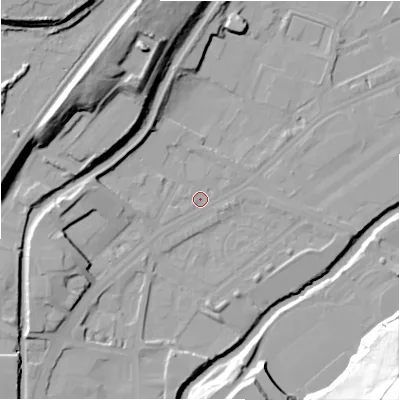 Shaded relief map of the ground around HD16NZ, computed from Environment Agency LiDAR. The ground here sits at about 60 m above sea level and falls 51 m across the surrounding 800 m. Surface water reaching this point runs off ground lying to the west-south-west, 10.0 m higher.