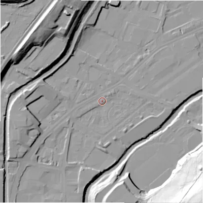 Shaded relief map of the ground around HD16PA, computed from Environment Agency LiDAR. The ground here sits at about 60 m above sea level and falls 63 m across the surrounding 800 m. Surface water reaching this point runs off ground lying to the west-south-west, 10.3 m higher.