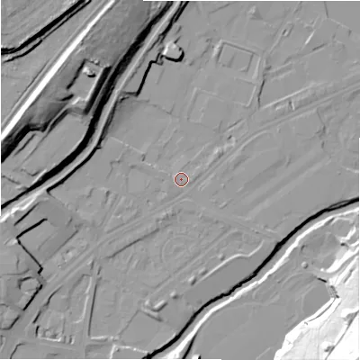 Shaded relief map of the ground around HD16PB, computed from Environment Agency LiDAR. The ground here sits at about 59 m above sea level and falls 59 m across the surrounding 800 m. Surface water reaching this point runs off ground lying to the west-south-west, 10.1 m higher.