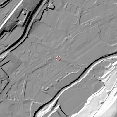 Shaded relief map of the ground around HD16PD, computed from Environment Agency LiDAR. The ground here sits at about 59 m above sea level and falls 72 m across the surrounding 800 m. Surface water reaching this point runs off ground lying to the south-south-west, 2.8 m higher.