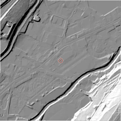Shaded relief map of the ground around HD16PF, computed from Environment Agency LiDAR. The ground here sits at about 59 m above sea level and falls 73 m across the surrounding 800 m. Surface water reaching this point runs off ground lying to the south-west, 1.4 m higher.
