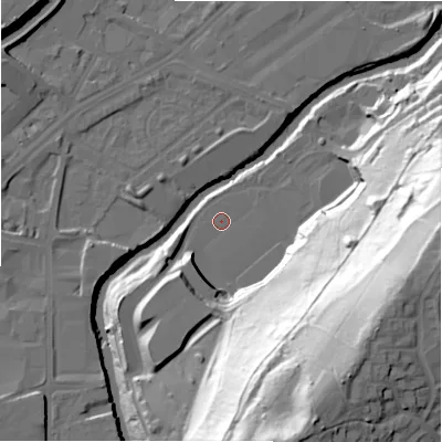 Shaded relief map of the ground around HD16PG, computed from Environment Agency LiDAR. The ground here sits at about 58 m above sea level and falls 76 m across the surrounding 800 m. Surface water reaching this point runs off ground lying to the south-south-east, 70.0 m higher.