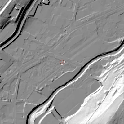 Shaded relief map of the ground around HD16PH, computed from Environment Agency LiDAR. The ground here sits at about 60 m above sea level and falls 73 m across the surrounding 800 m. Surface water reaching this point runs off ground lying to the south-west, 2.8 m higher.