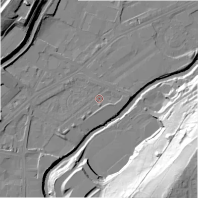 Shaded relief map of the ground around HD16PJ, computed from Environment Agency LiDAR. The ground here sits at about 59 m above sea level and falls 73 m across the surrounding 800 m. Surface water reaching this point runs off ground lying to the south-west, 2.8 m higher.