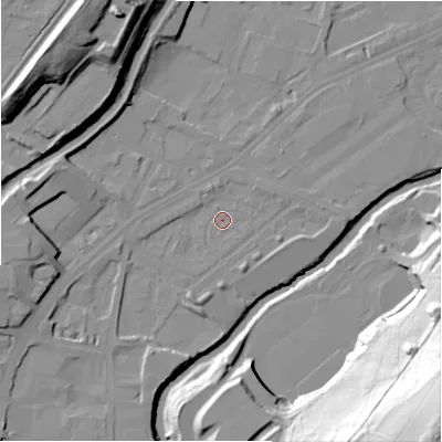 Shaded relief map of the ground around HD16PL, computed from Environment Agency LiDAR. The ground here sits at about 59 m above sea level and falls 72 m across the surrounding 800 m. Surface water reaching this point runs off ground lying to the south-south-west, 2.8 m higher.
