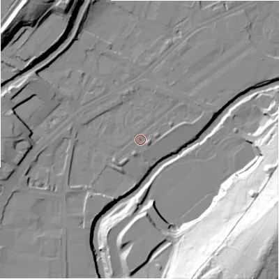 Shaded relief map of the ground around HD16PN, computed from Environment Agency LiDAR. The ground here sits at about 59 m above sea level and falls 73 m across the surrounding 800 m. Surface water reaching this point runs off ground lying to the south-west, 2.4 m higher.