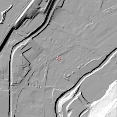 Shaded relief map of the ground around HD16PP, computed from Environment Agency LiDAR. The ground here sits at about 59 m above sea level and falls 63 m across the surrounding 800 m. Surface water reaching this point runs off ground lying to the west-south-west, 10.3 m higher.