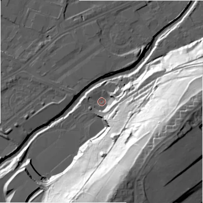 Shaded relief map of the ground around HD16PQ, computed from Environment Agency LiDAR. The ground here sits at about 57 m above sea level and falls 74 m across the surrounding 800 m. Surface water reaching this point runs off ground lying to the south-east, 68.7 m higher.