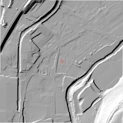 Shaded relief map of the ground around HD16PT, computed from Environment Agency LiDAR. The ground here sits at about 60 m above sea level and falls 65 m across the surrounding 800 m. Surface water reaching this point runs off ground lying to the south-south-west, 2.4 m higher.