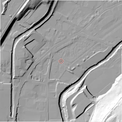 Shaded relief map of the ground around HD16PW, computed from Environment Agency LiDAR. The ground here sits at about 60 m above sea level and falls 71 m across the surrounding 800 m. Surface water reaching this point runs off ground lying to the north-west, 25.0 m higher.