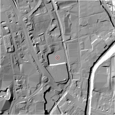 Shaded relief map of the ground around HD16QR, computed from Environment Agency LiDAR. The ground here sits at about 65 m above sea level and falls 31 m across the surrounding 800 m. Surface water reaching this point runs off ground lying to the west, 8.8 m higher.