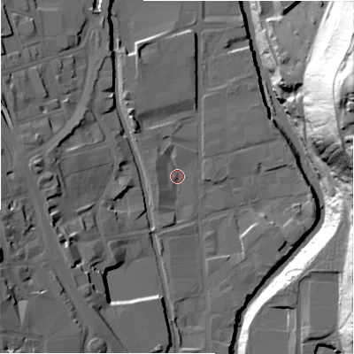 Shaded relief map of the ground around HD16RA, computed from Environment Agency LiDAR. The ground here sits at about 62 m above sea level and falls 62 m across the surrounding 800 m. Surface water reaching this point runs off ground lying to the west-north-west, 5.3 m higher.