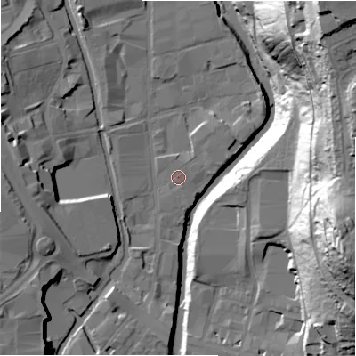 Shaded relief map of the ground around HD16RX, computed from Environment Agency LiDAR. The ground here sits at about 63 m above sea level and falls 69 m across the surrounding 800 m. Surface water reaching this point runs off ground lying to the north-east, 1.3 m higher.