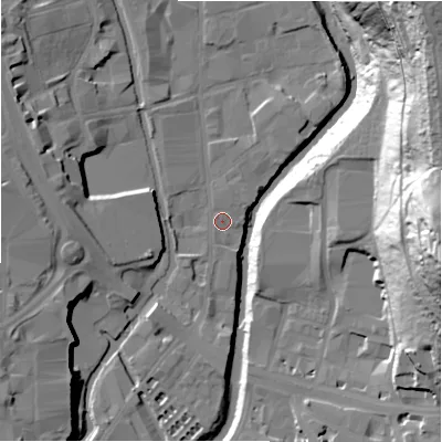 Shaded relief map of the ground around HD16RZ, computed from Environment Agency LiDAR. The ground here sits at about 63 m above sea level and falls 62 m across the surrounding 800 m. Surface water reaching this point runs off ground lying to the south-west, 2.2 m higher.