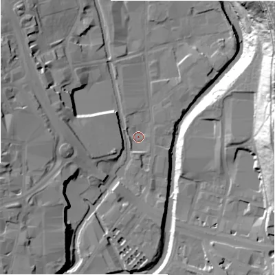Shaded relief map of the ground around HD16SB, computed from Environment Agency LiDAR. The ground here sits at about 63 m above sea level and falls 56 m across the surrounding 800 m. Surface water reaching this point runs off ground lying to the west-south-west, 18.7 m higher.