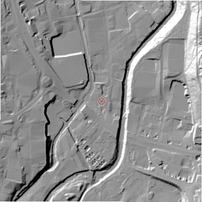 Shaded relief map of the ground around HD16SD, computed from Environment Agency LiDAR. The ground here sits at about 64 m above sea level and falls 49 m across the surrounding 800 m. Surface water reaching this point runs off ground lying to the south-west, 2.5 m higher.