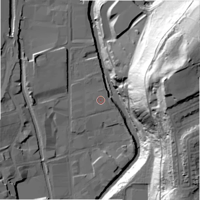 Shaded relief map of the ground around HD16SE, computed from Environment Agency LiDAR. The ground here sits at about 63 m above sea level and falls 74 m across the surrounding 800 m. The ground contributing surface water to this point lies to the north-east.
