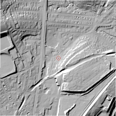 Shaded relief map of the ground around HD21AA, computed from Environment Agency LiDAR. The ground here sits at about 80 m above sea level and falls 54 m across the surrounding 800 m. Surface water reaching this point runs off ground lying to the south-south-east, 5.5 m higher.
