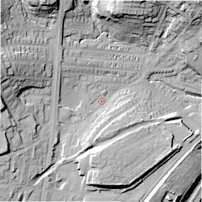 Shaded relief map of the ground around HD21AF, computed from Environment Agency LiDAR. The ground here sits at about 77 m above sea level and falls 48 m across the surrounding 800 m. Surface water reaching this point runs off ground lying to the west-north-west, 9.0 m higher.