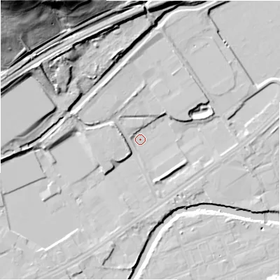 Shaded relief map of the ground around HD21AG, computed from Environment Agency LiDAR. The ground here sits at about 55 m above sea level and falls 54 m across the surrounding 800 m. Surface water reaching this point runs off ground lying to the north-west, 19.6 m higher.