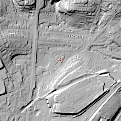 Shaded relief map of the ground around HD21AJ, computed from Environment Agency LiDAR. The ground here sits at about 77 m above sea level and falls 44 m across the surrounding 800 m. Surface water reaching this point runs off ground lying to the west-north-west, 8.8 m higher.