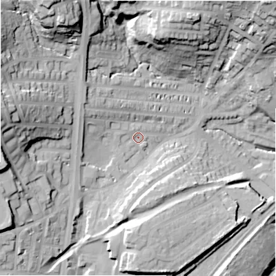 Shaded relief map of the ground around HD21AN, computed from Environment Agency LiDAR. The ground here sits at about 77 m above sea level and falls 46 m across the surrounding 800 m. Surface water reaching this point runs off ground lying to the west-north-west, 9.3 m higher.