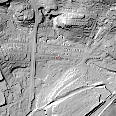 Shaded relief map of the ground around HD21AP, computed from Environment Agency LiDAR. The ground here sits at about 79 m above sea level and falls 54 m across the surrounding 800 m. Surface water reaching this point runs off ground lying to the west-north-west, 10.5 m higher.