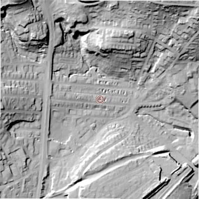 Shaded relief map of the ground around HD21AR, computed from Environment Agency LiDAR. The ground here sits at about 78 m above sea level and falls 57 m across the surrounding 800 m. Surface water reaching this point runs off ground lying to the west-north-west, 10.4 m higher.