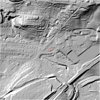 Shaded relief map of the ground around HD21AS, computed from Environment Agency LiDAR. The ground here sits at about 75 m above sea level and falls 71 m across the surrounding 800 m. Surface water reaching this point runs off ground lying to the north-north-east, 14.8 m higher.