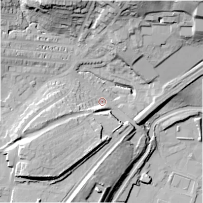 Shaded relief map of the ground around HD21AT, computed from Environment Agency LiDAR. The ground here sits at about 70 m above sea level and falls 44 m across the surrounding 800 m. Surface water reaching this point runs off ground lying to the north-north-west, 32.2 m higher.