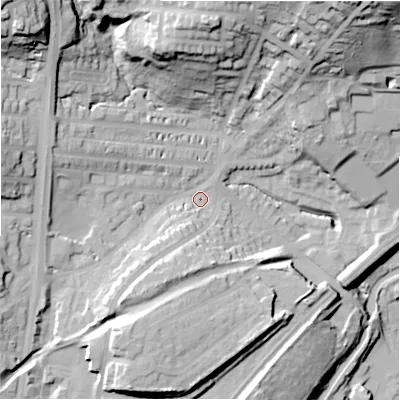 Shaded relief map of the ground around HD21AW, computed from Environment Agency LiDAR. The ground here sits at about 74 m above sea level and falls 54 m across the surrounding 800 m. Surface water reaching this point runs off ground lying to the west-north-west, 14.0 m higher.