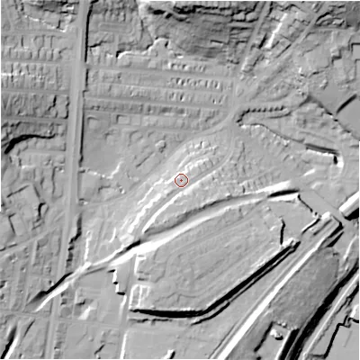 Shaded relief map of the ground around HD21AX, computed from Environment Agency LiDAR. The ground here sits at about 81 m above sea level and falls 43 m across the surrounding 800 m. Surface water reaching this point runs off ground lying to the south-west, 5.5 m higher.