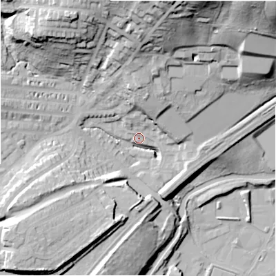 Shaded relief map of the ground around HD21BG, computed from Environment Agency LiDAR. The ground here sits at about 70 m above sea level and falls 61 m across the surrounding 800 m. Surface water reaching this point runs off ground lying to the north, 24.5 m higher.