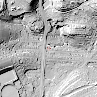 Shaded relief map of the ground around HD21BJ, computed from Environment Agency LiDAR. The ground here sits at about 85 m above sea level and falls 72 m across the surrounding 800 m. Surface water reaching this point runs off ground lying to the west-north-west, 6.0 m higher.