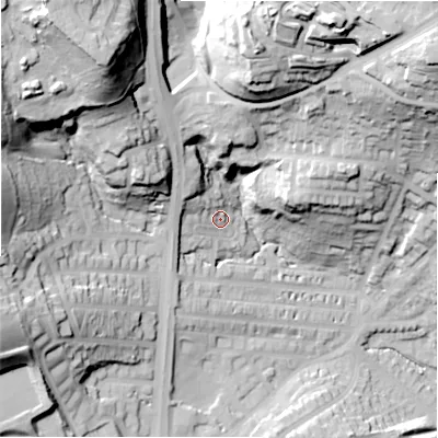 Shaded relief map of the ground around HD21BL, computed from Environment Agency LiDAR. The ground here sits at about 84 m above sea level and falls 69 m across the surrounding 800 m. Surface water reaching this point runs off ground lying to the north-west, 13.3 m higher.