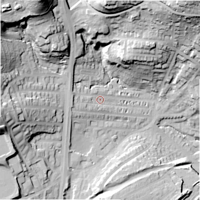 Shaded relief map of the ground around HD21BN, computed from Environment Agency LiDAR. The ground here sits at about 81 m above sea level and falls 66 m across the surrounding 800 m. Surface water reaching this point runs off ground lying to the west, 7.0 m higher.