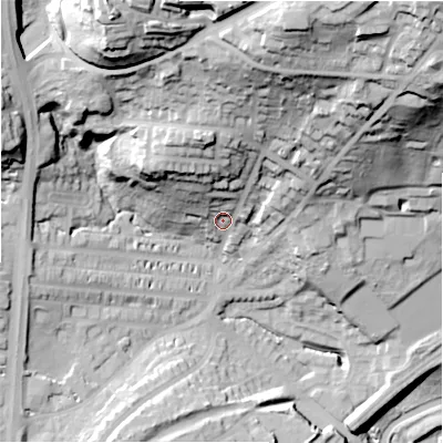 Shaded relief map of the ground around HD21BP, computed from Environment Agency LiDAR. The ground here sits at about 82 m above sea level and falls 77 m across the surrounding 800 m. Surface water reaching this point runs off ground lying to the north-north-east, 43.7 m higher.