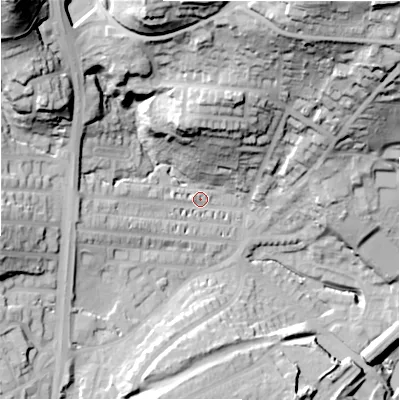 Shaded relief map of the ground around HD21BW, computed from Environment Agency LiDAR. The ground here sits at about 76 m above sea level and falls 75 m across the surrounding 800 m. Surface water reaching this point runs off ground lying to the north-north-east, 52.9 m higher.