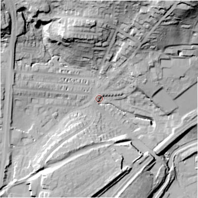 Shaded relief map of the ground around HD21DN, computed from Environment Agency LiDAR. The ground here sits at about 72 m above sea level and falls 64 m across the surrounding 800 m. Surface water reaching this point runs off ground lying to the north-north-east, 45.0 m higher.
