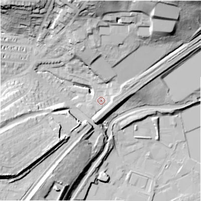 Shaded relief map of the ground around HD21DP, computed from Environment Agency LiDAR. The ground here sits at about 70 m above sea level and falls 45 m across the surrounding 800 m. Surface water reaching this point runs off ground lying to the east-north-east, 4.9 m higher.